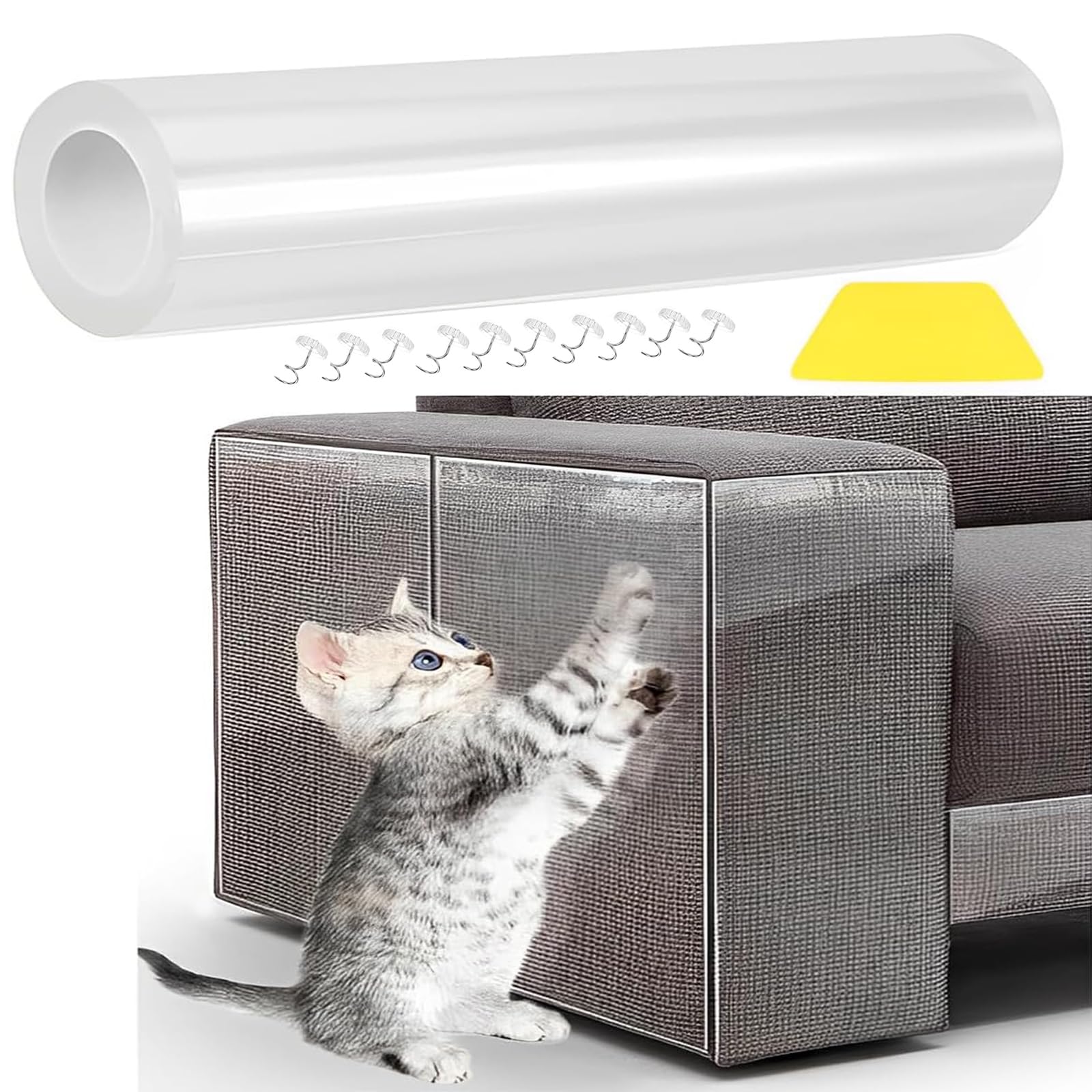 Cat Scratcher Mat,LongRool Cat Scratch Furniture Protector,Cat Scratch Deterrent Tape for FurnitureCouchSofaChair and Leather,Residue Free and Clear Cat Scratch Deterrent(8 x 118 Inch)