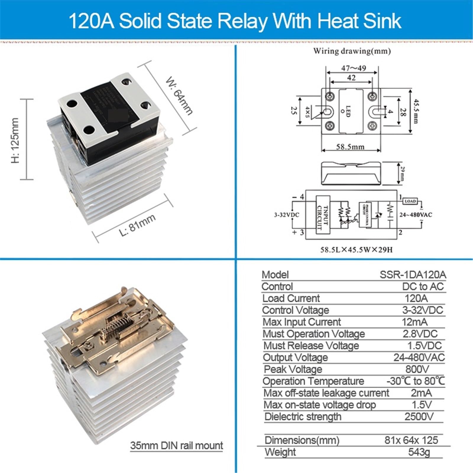 Relé Industrial SSR con disipador de calor, relé de estado sólido montado en Riel DIN, CC a CA, 10A, 25A, 40A, 60A, 80A, 100A, 120A, 1 Uds.(DC-AC 100A)