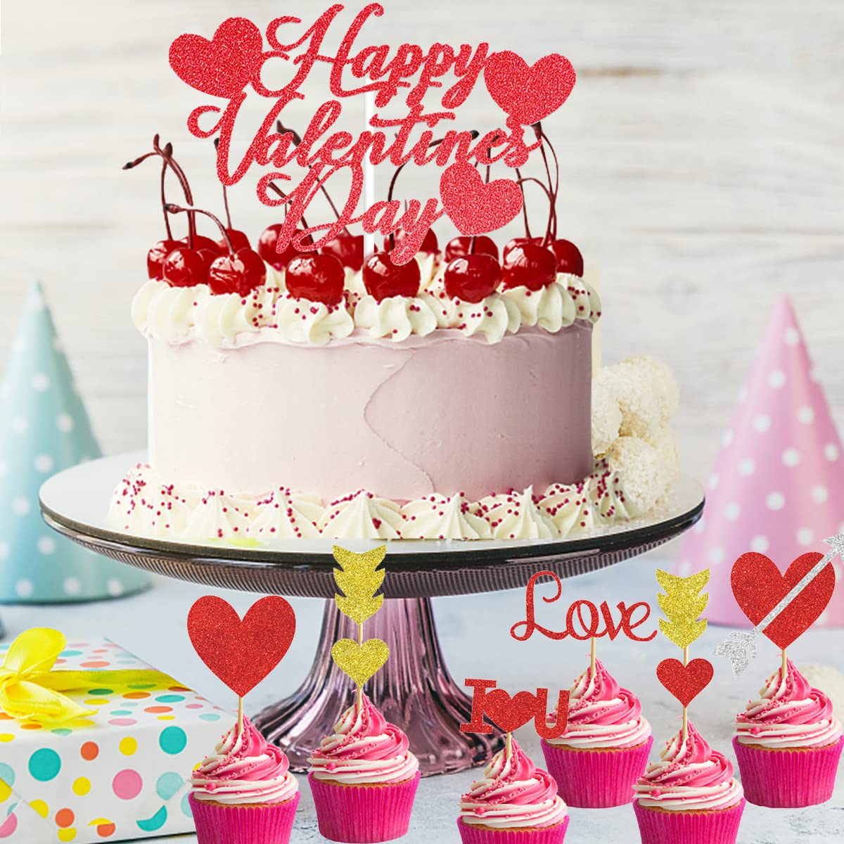 BETESSIN 19-teiliges Cake-Topper Set – Glitzerherzen Für Valentinstag, Hochzeit & Feiern In Rot & Gold