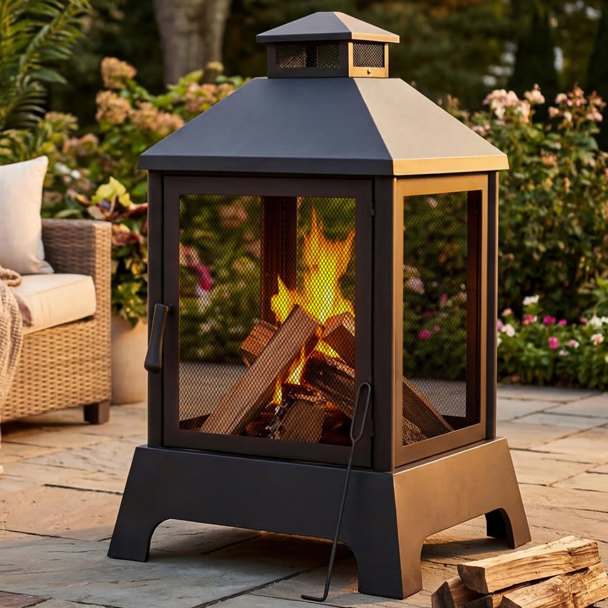SUNJOY 43-Inch Outdoor Fireplace with Chimney, 360° Mesh View