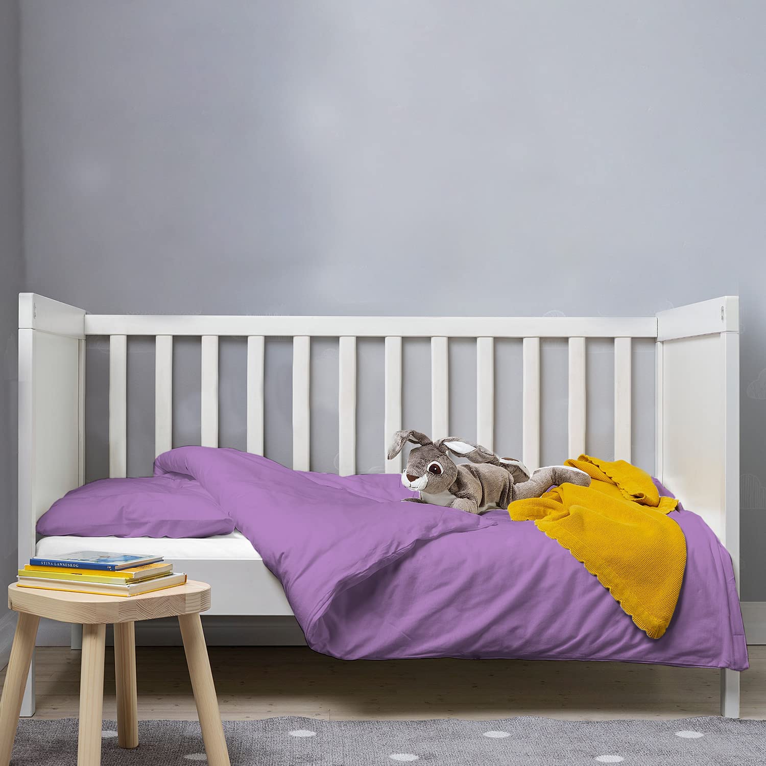 Pizuna Purple 100% Cotton Crib Duvet Cover 400 Thread Count Long Staple Cotton Duvet Cover 100X135 Cm, Soft Sateen Weave Toddler Bedding Set Include 1 Duvet Cover And 1 Baby Pillow Case