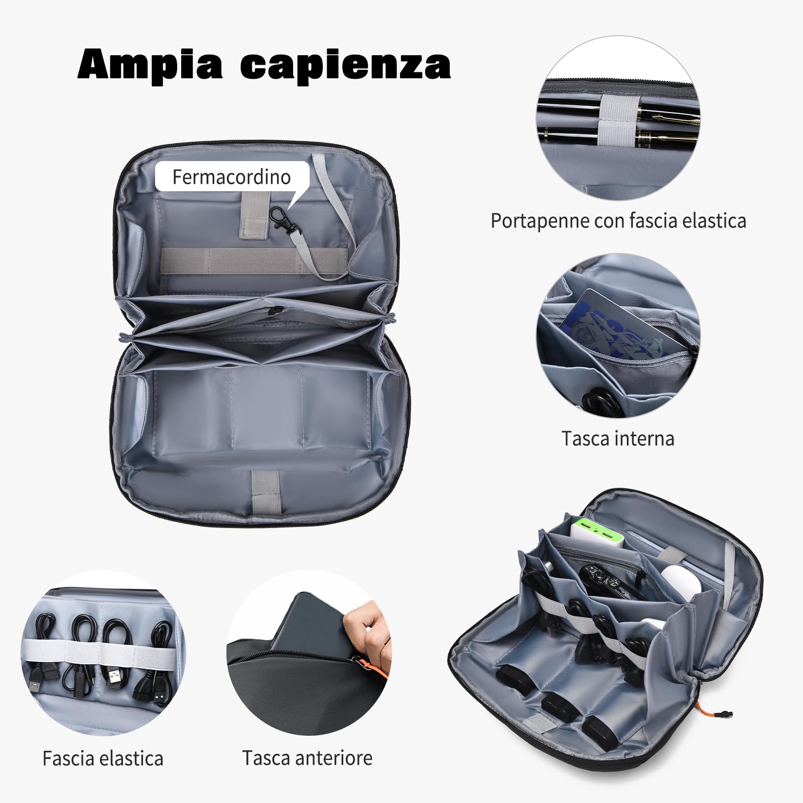FANDARE Custodia Organizer Portatile per Cavi e Accessori Elettronici Nero | 5 scomparti pieghevoli, elastico anti-groviglio, tasca per batteria, apertura 180°, leggero in poliestere