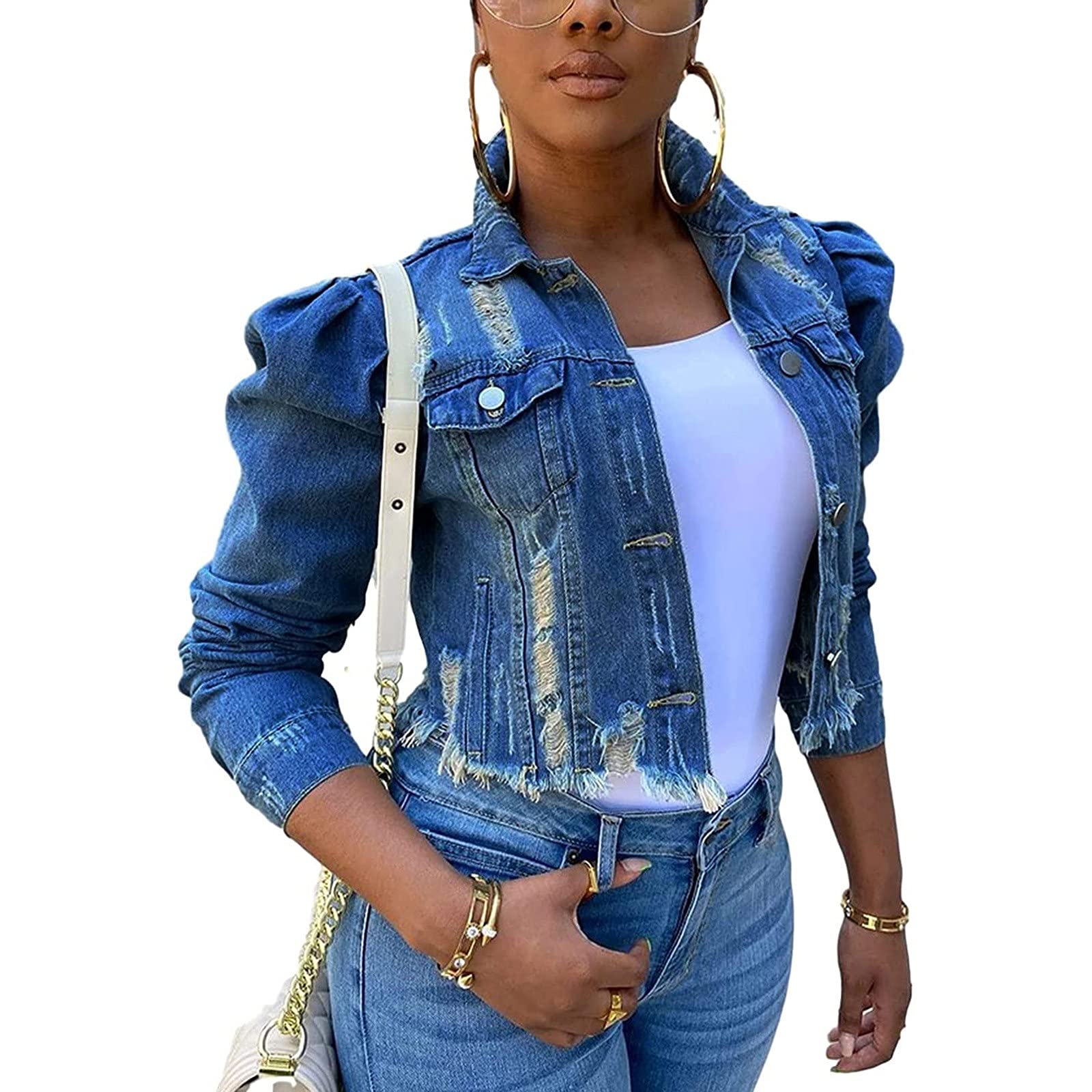 Jeansjacke Damen Kurz Jacke Vintage Mantel Langarm Jacket Einfarbig