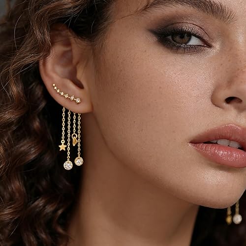 Miniatura 5 de Aretes bohemios con diamantes de imitación, aretes de borla de cristal, aretes colgantes de estrella dorada, aretes de gota de borla dorada, joyería