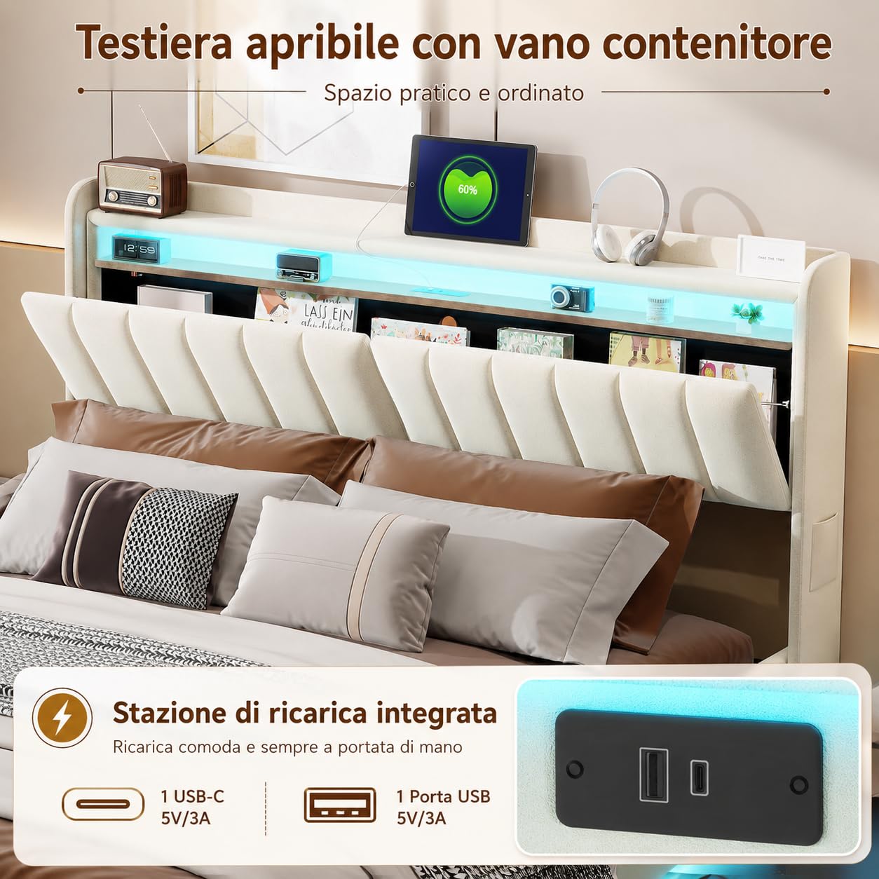 Letto imbottito 140x200 cm con Contenitore idraulico, Letto matrimoniale a LED con stazione di ricarica, Testiera in velluto, Struttura letto con rete a doghe (beige, 140x200 cm)