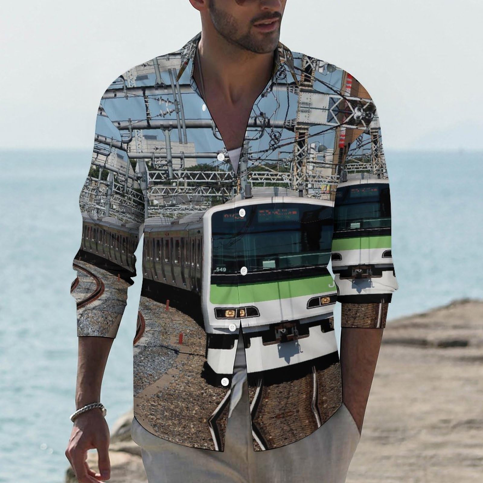 Amazon.co.jp: 日本電車 電車柄 鉄道車両 メンズ シャツ 秋服 長袖 T