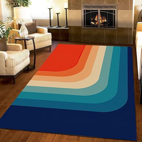 Miniatura 1 de Alfombra retro de colores geométricos arco iris, retro de los años 70, alfombras con estampado antideslizante para interiores, alfombra lavable a