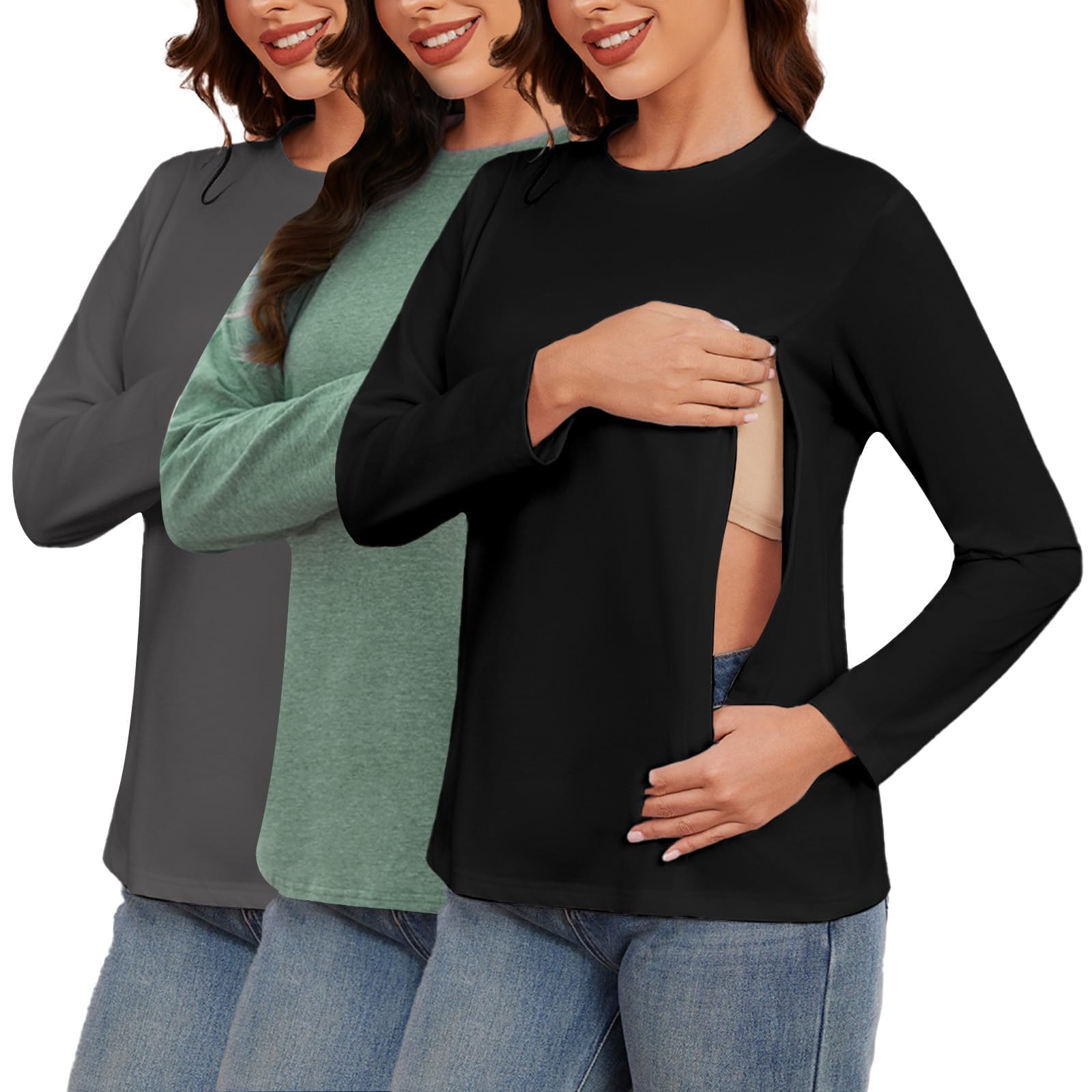 Lot de 3 t-shirts d'allaitement à manches longues pour femme enceinte avec fermeture éclair