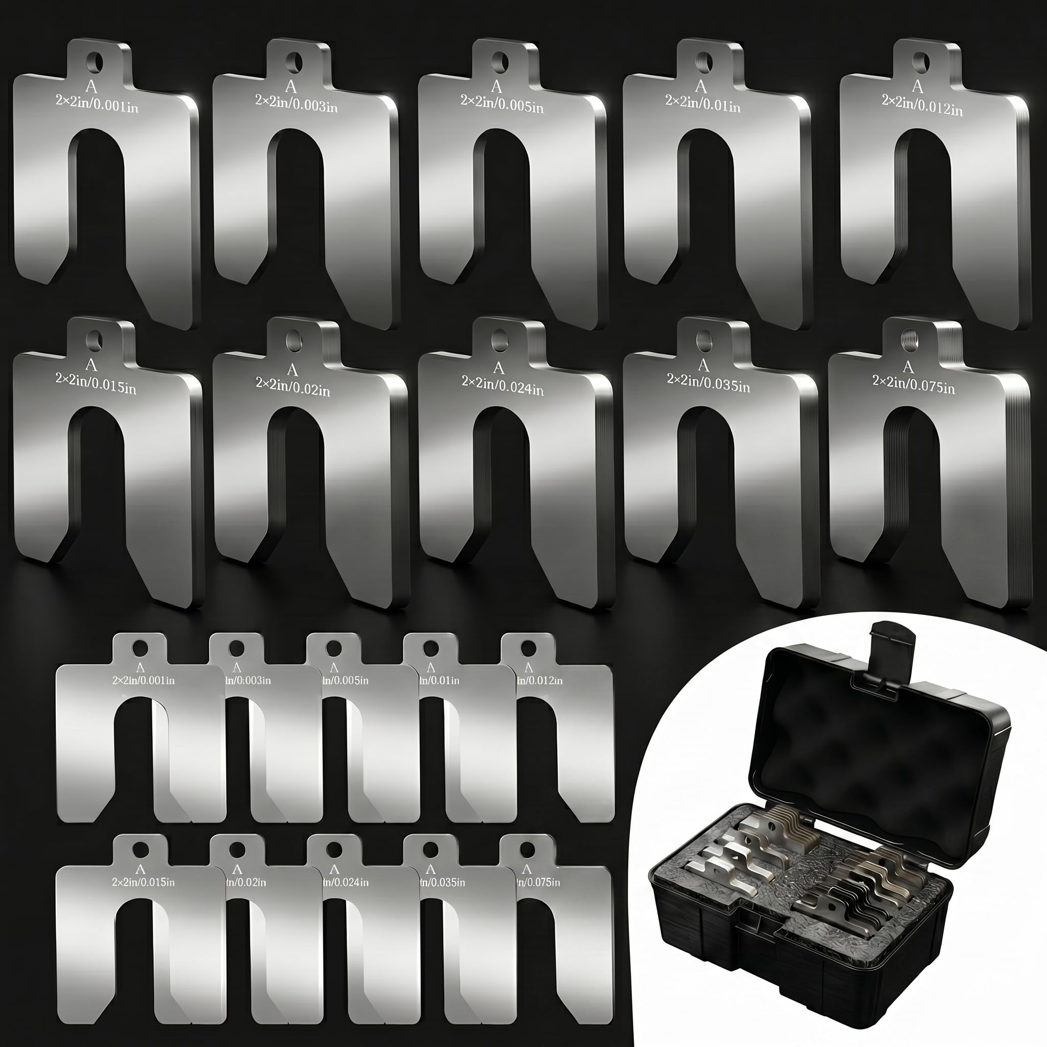 Photo 1 of 100 Pcs 304 Stainless Steel Slotted Shims Kit - 2x2 Inch U-Shape Precision Shims Assortment, 10 Laser-Marked Thicknesses for Motor Alignment & Industrial Machine Leveling, Organizer Case