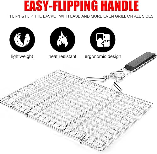 Miniatura 6 de Cestas de parrilla de pescado para asar al aire libre, barbacoa plegable de acero inoxidable, accesorios de parrilla con mango extraíble, cesta de