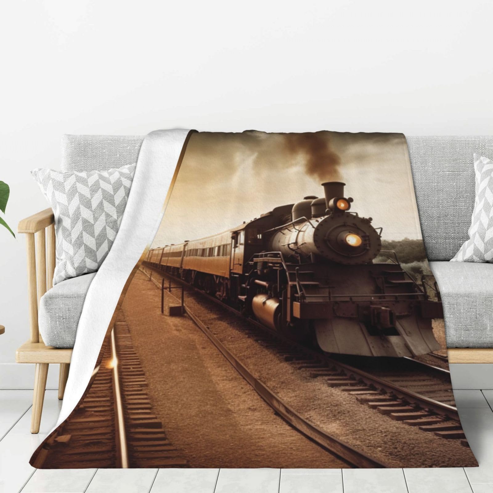 Train and Railway Throw Blanket Plush Flannel Fleece Blanket, Soft Lightweight Cozy Blankets 80"X60" for Bed Couch Sofa Travel