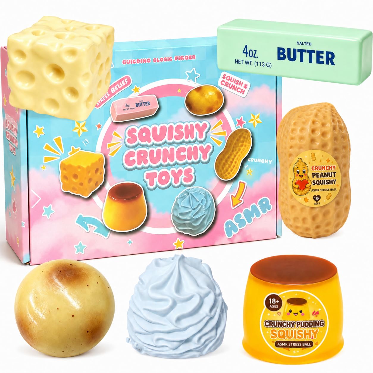 4PCS Crunchy Mango Peanut Potato Soap Pudding Squishy Set, Slow Rising Realistic Amsr Stress Ball, Textured Sensory Ball for Anxiety Management Party Favors (6PCS Wiith Box B)
