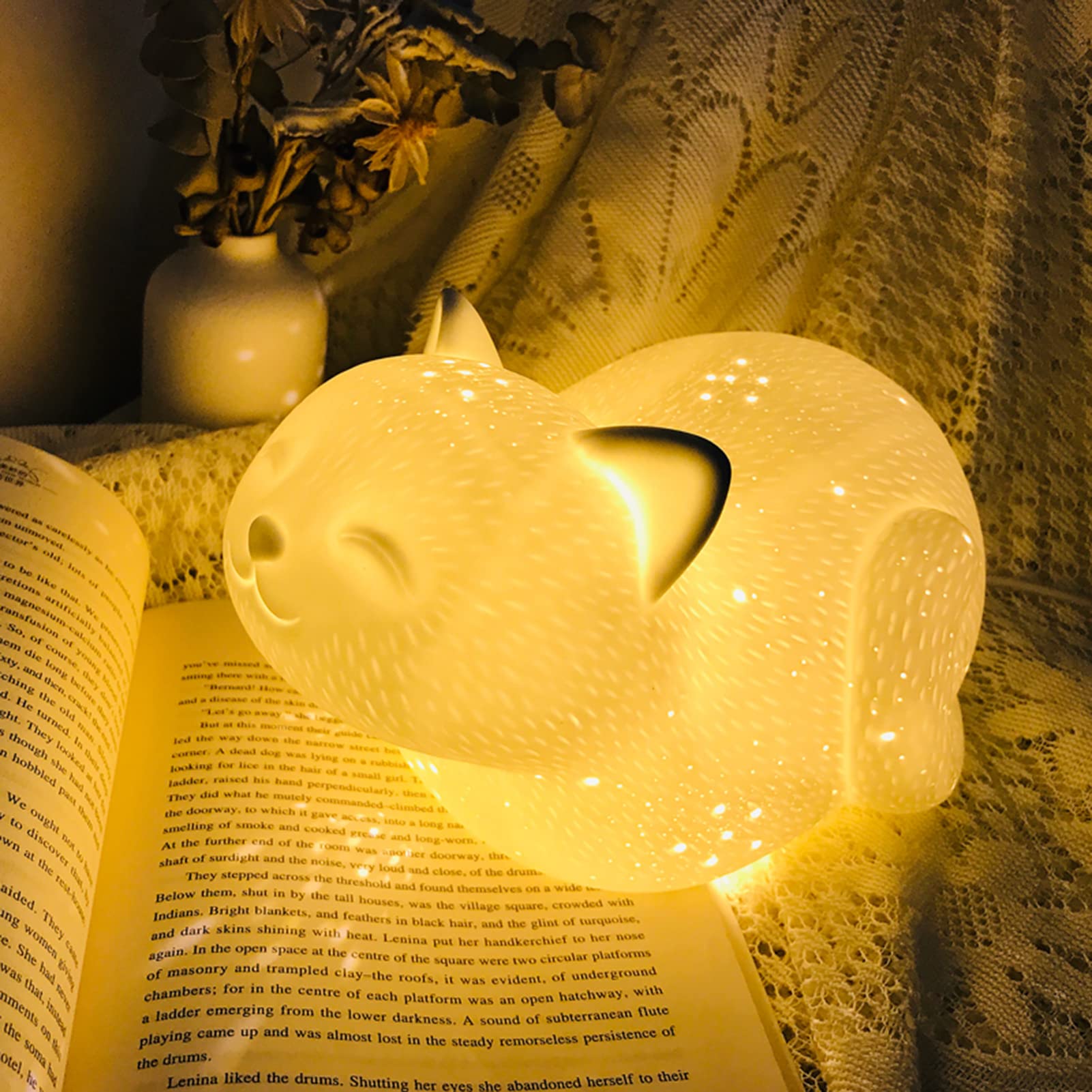 SYTHCute Cat Night Light, 3D Creative Hollow Ceramic Cat Projection Lamp, 3 Color Temperature Decor Atmosphere Light Bedside Lamp, for Cat Lovers, Unique Gifts,Room Deco