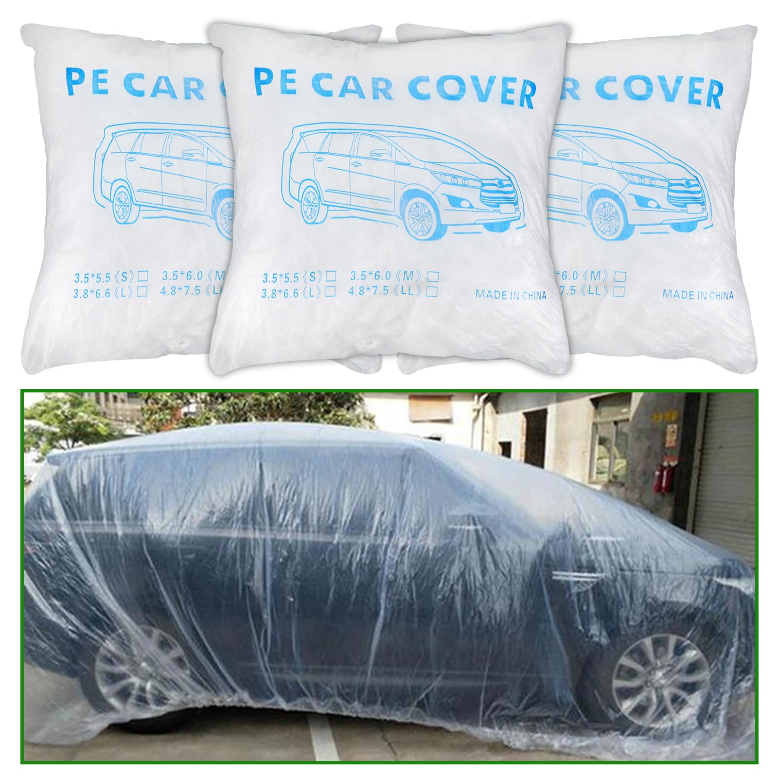 3 Packs Disposable Car Cover Clear Plastic Car Cover Universal Rain Dust Garage Cover with Elastic Band Medium