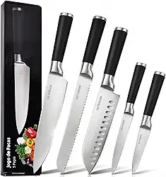 Jogo de Facas de Cozinha 5 Peças em Aço Inoxidável 4CR13 para Uso Doméstico, Kit Profissional com Faca Chef e Santoku, Cabos Antiderrapantes, Lâminas Ultra Afiadas – Preto