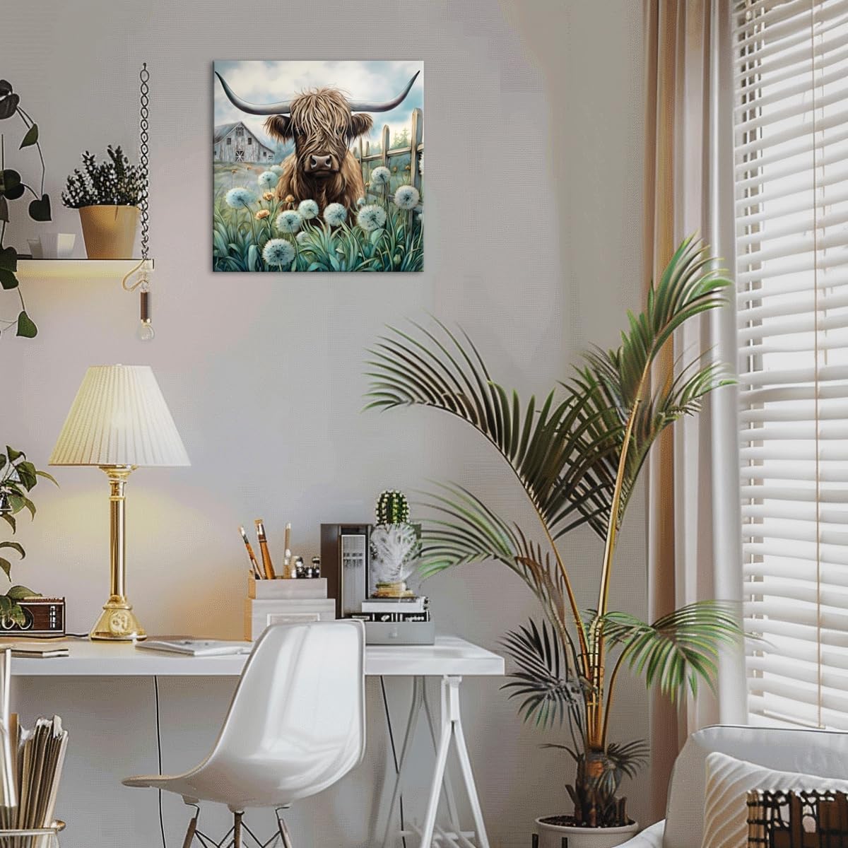 YUEYARIT Farmhouse Highland Cow Wall Decor in Teal and Brown: Rustic Cow and Dandelion picture Canvas Art Print, Gift for Bathroom or Kitchen, Ideal Animal Artwork for Living Room