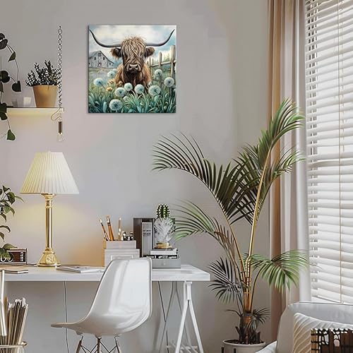Miniatura 6 de YUEYARIT Decoración de pared de vaca de las tierras altas de granja en verde azulado y marrón imagen rústica de vaca y diente de león, impresión de