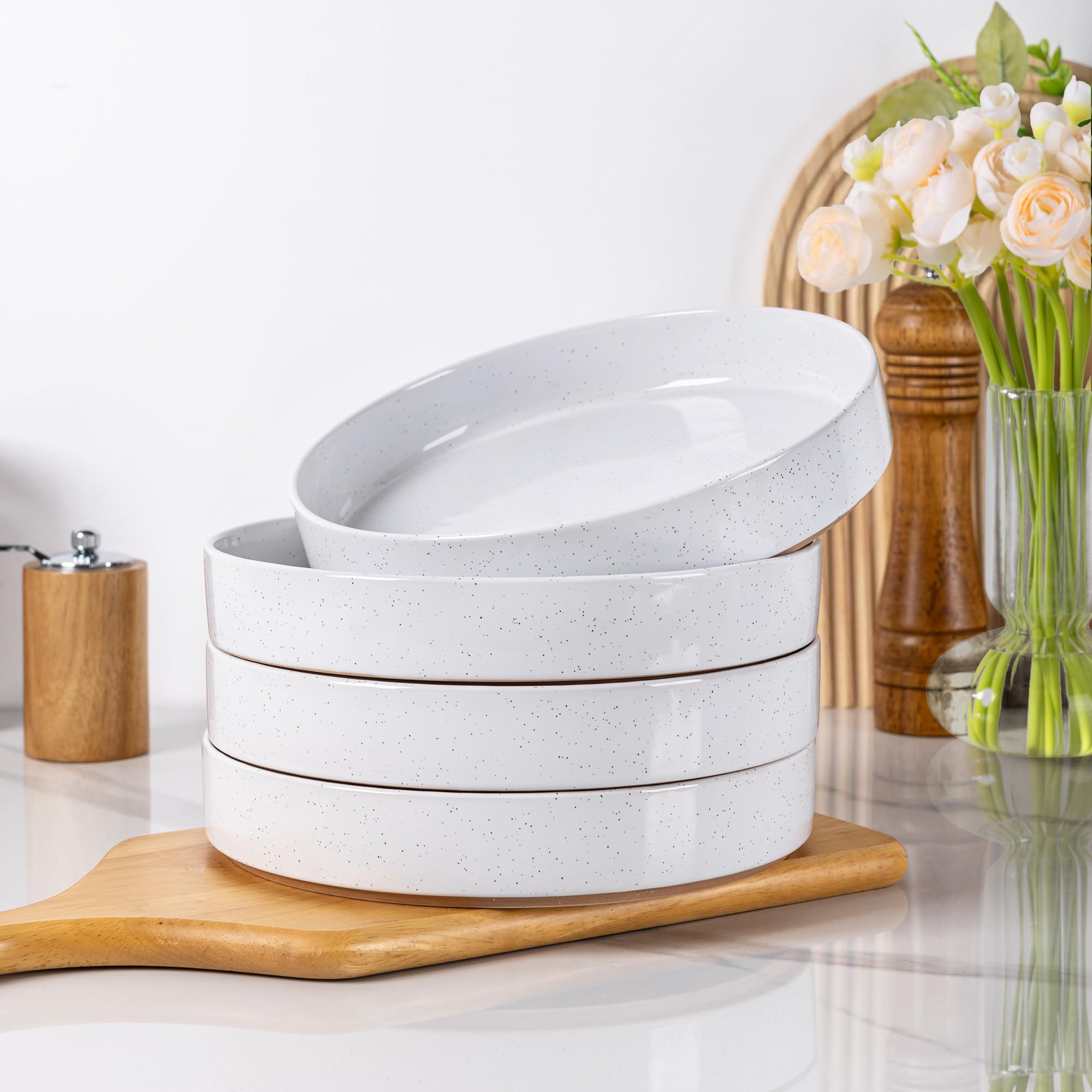 AmorArc 9.0" Large Ceramic Pasta Bowls, 32oz Handmade Speckled Stoneware Pasta Bowls Set of 4, Microwave & Dishwasher Safe Bowls With Terracotta Underside for Fruit Pasta Salad-White