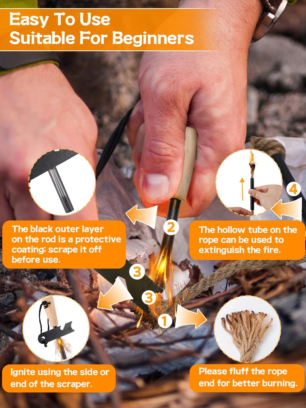 Tazweeq Fire Starter Survival Tool, Fire Starter Kit Includes Magnesium Rod, Steel Striker, 2 Pcs Wick Hemp Ropes and Multifunctional Outdoor Bag, Fire Starters for Campfires Hiking Survival