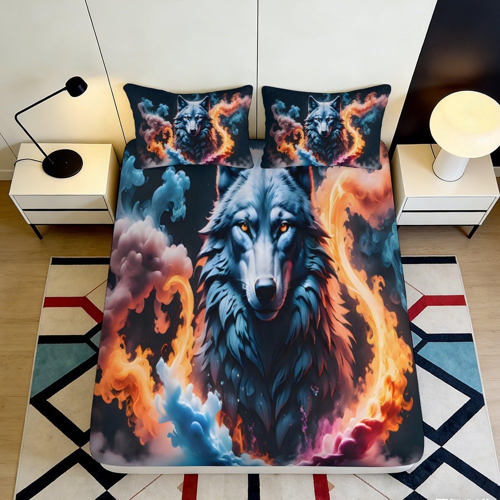3D Printed Flame Wolf Fitted Sheet Microfiber Non-Slip Deep Pocket Bedding Flame Wolf Mattress Fitted Cover for Home 200x200x25cm