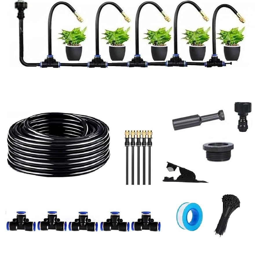 Kid Play In Garden Near Irrigation Watering Sprinkler System. Watering