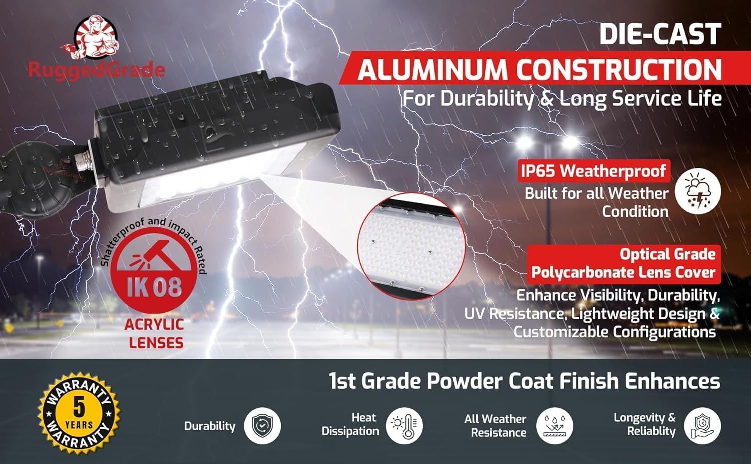 RuggedGrade 50W LED Flood Light - Kivo II Series - 7,150 Lumens - Wattage Selectable - Color Selectable 3000K/4000K/5000K - Flood Mount/Photocell - Outdoor LED Fixture - DLC 5.1 Premium