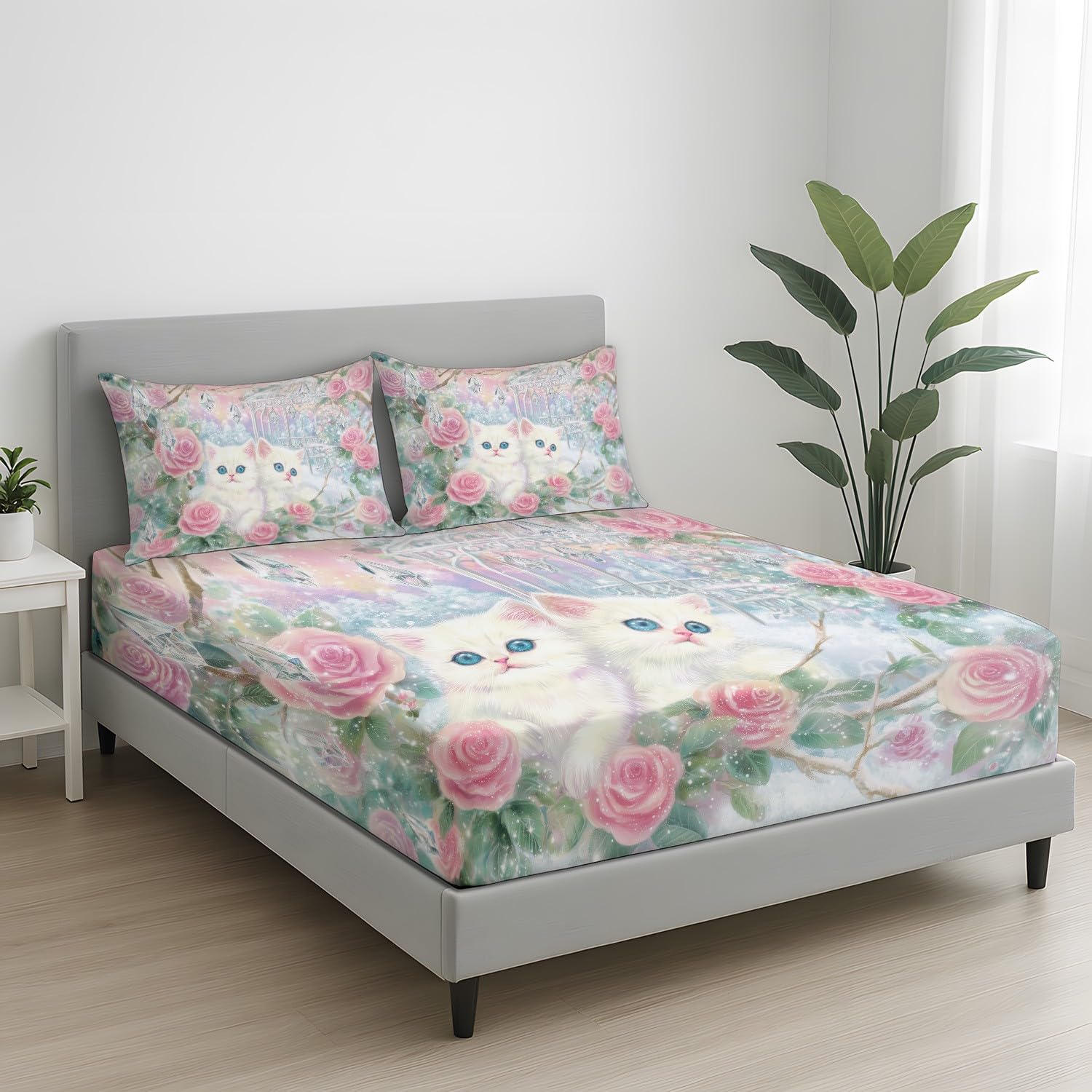 Juego de sábanas bajeras tamaño King de 30 cm de profundidad, diseño floral de rosas y gatos, microfibra cepillada suave, resistente a la decoloración, transpirable, 150 x 200 cm