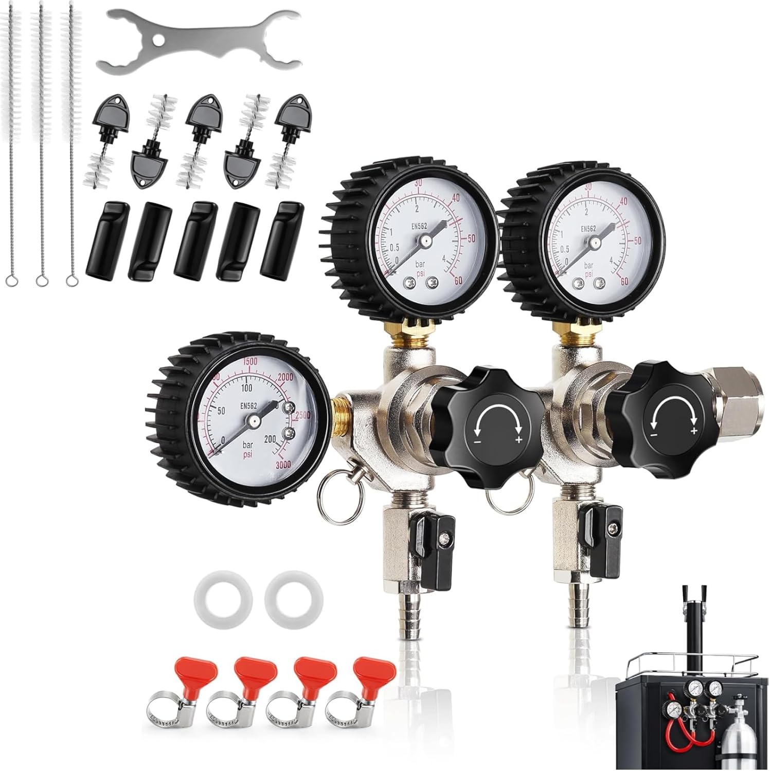Dual Output CO2 Regulator for Dual Tap + Beer Tap Plugs Brush Cleaning Kit