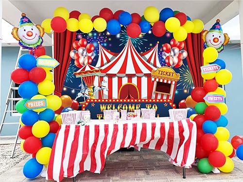 Miniatura 8 de Fondo de fiesta de circo de carnaval de 7 x 5 pies, decoración de circo, tienda de campaña, carrusel, taquilla, fondo para niños, niños, bebé,