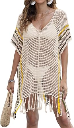 Xuan2Xuan3 Crochet Swimsuit Cover Ups Dress Tassel Color Block Bikini Beach Coverups Dresses for Bathing Suit