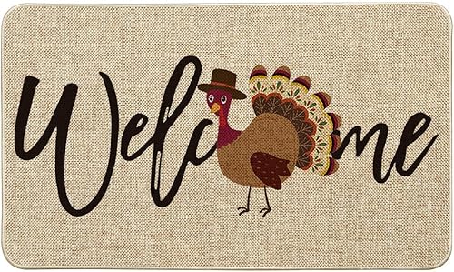 Artoid Mode Felpudo de bienvenida de pavo y Acción de Gracias, decoración del hogar de bajo perfil, tapete para puerta de interior y exterior, 17 x