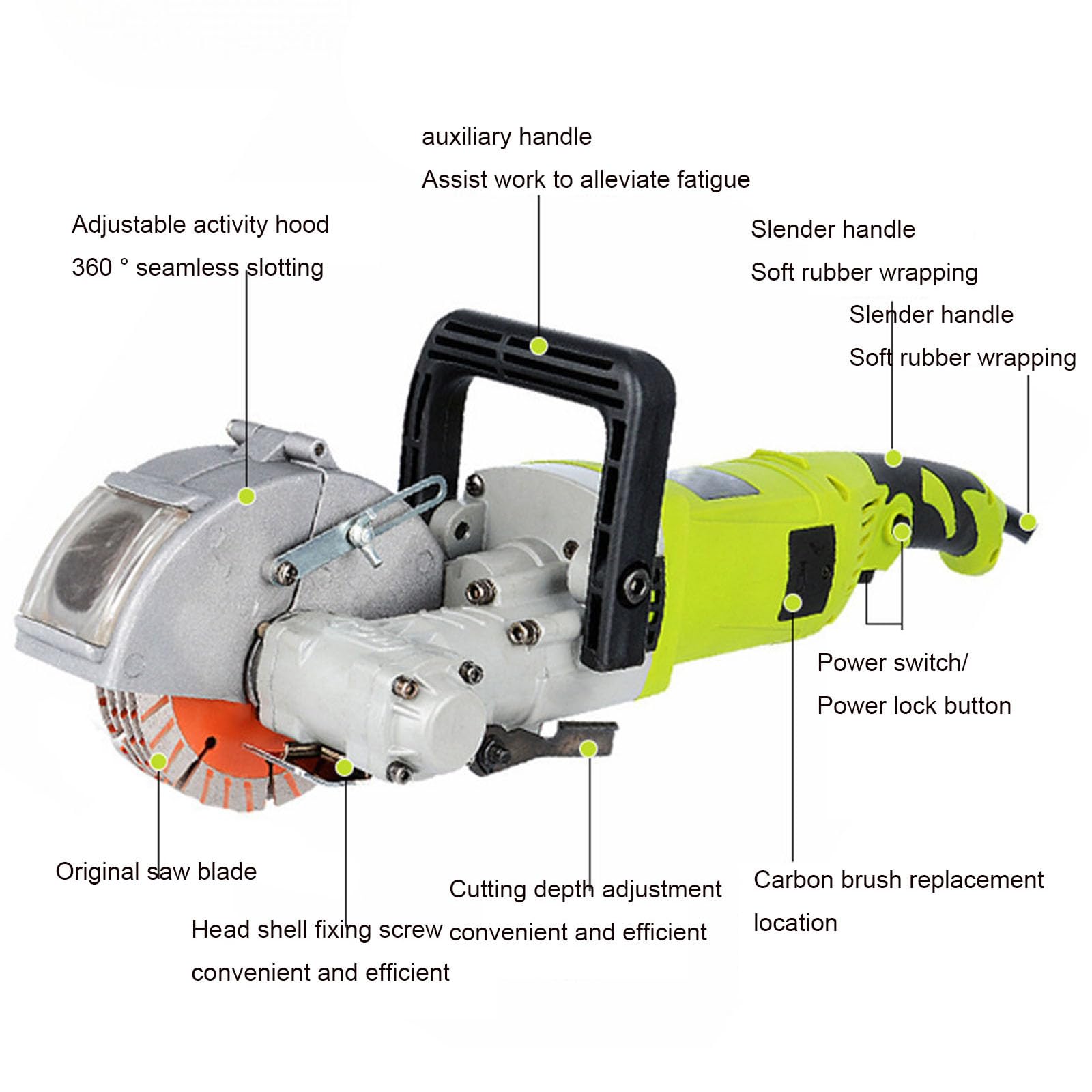 Green,YXINHONGYUE Regulowana głębokość Maszyna do cięcia rowków ściennych Wyposażona w regulowaną pokrywę głowy 7500RPM Betonownik Piła okrągła łatwa w obsłudze do remontu domu