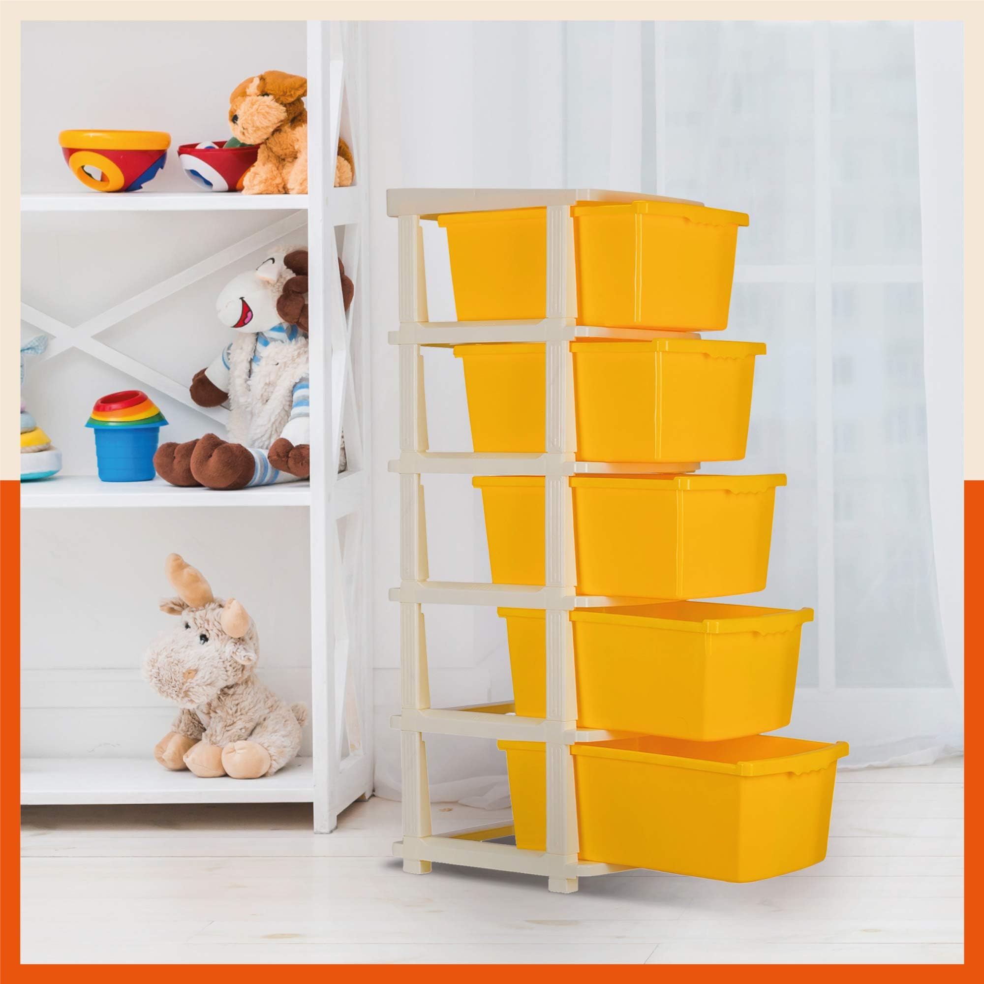 STOMO 5 XL Drawers Multi-purpose Modular Storage for Home, Kitchen & Office | Easy to Move with Trolley Wheels | Chest of Drawers | Yellow (Plastic)