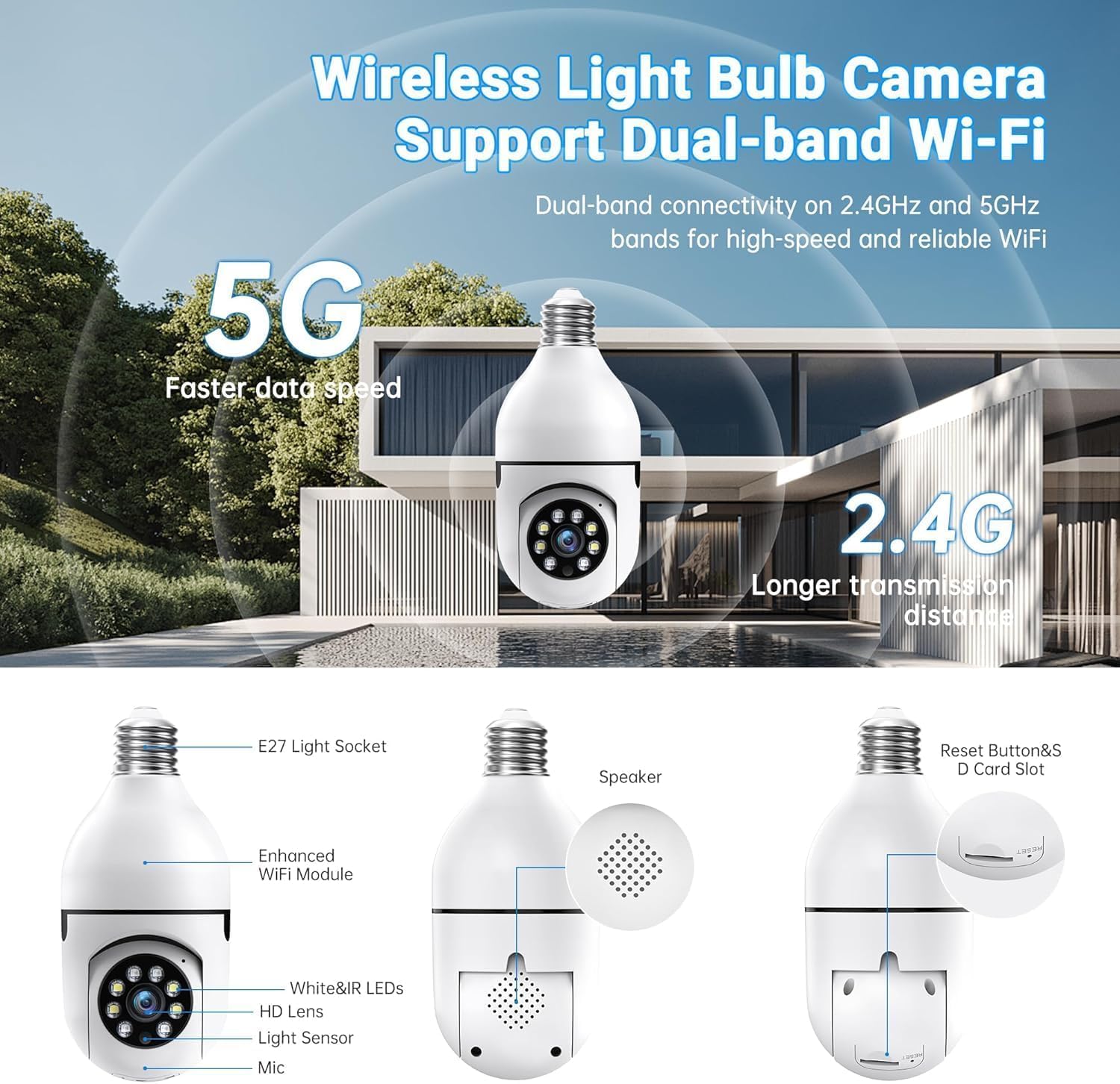 Light Bulb Security Camera, 5G& 2.4GHz WiFi Security Cameras Wireless Outdoor for Home Security, 2-Way Audio Color Night Vision, 2-in-1 Lightbulb Socket Camera Motion Detection Siren Alarm