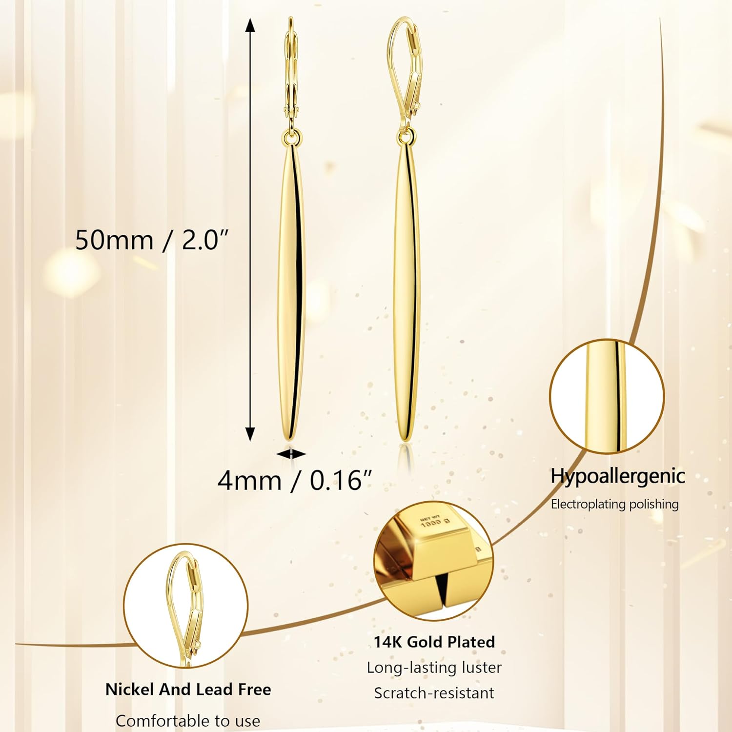 ALEXCRAFT 925 Sterling Silver & 14K Gold Plated Long Dangle Drop Earrings for Women Minimalist Hypoallergenic Vertical Bar Leverback Dangling Earrings Lightweight Daily Fashion Jewelry Gifts - Image 4