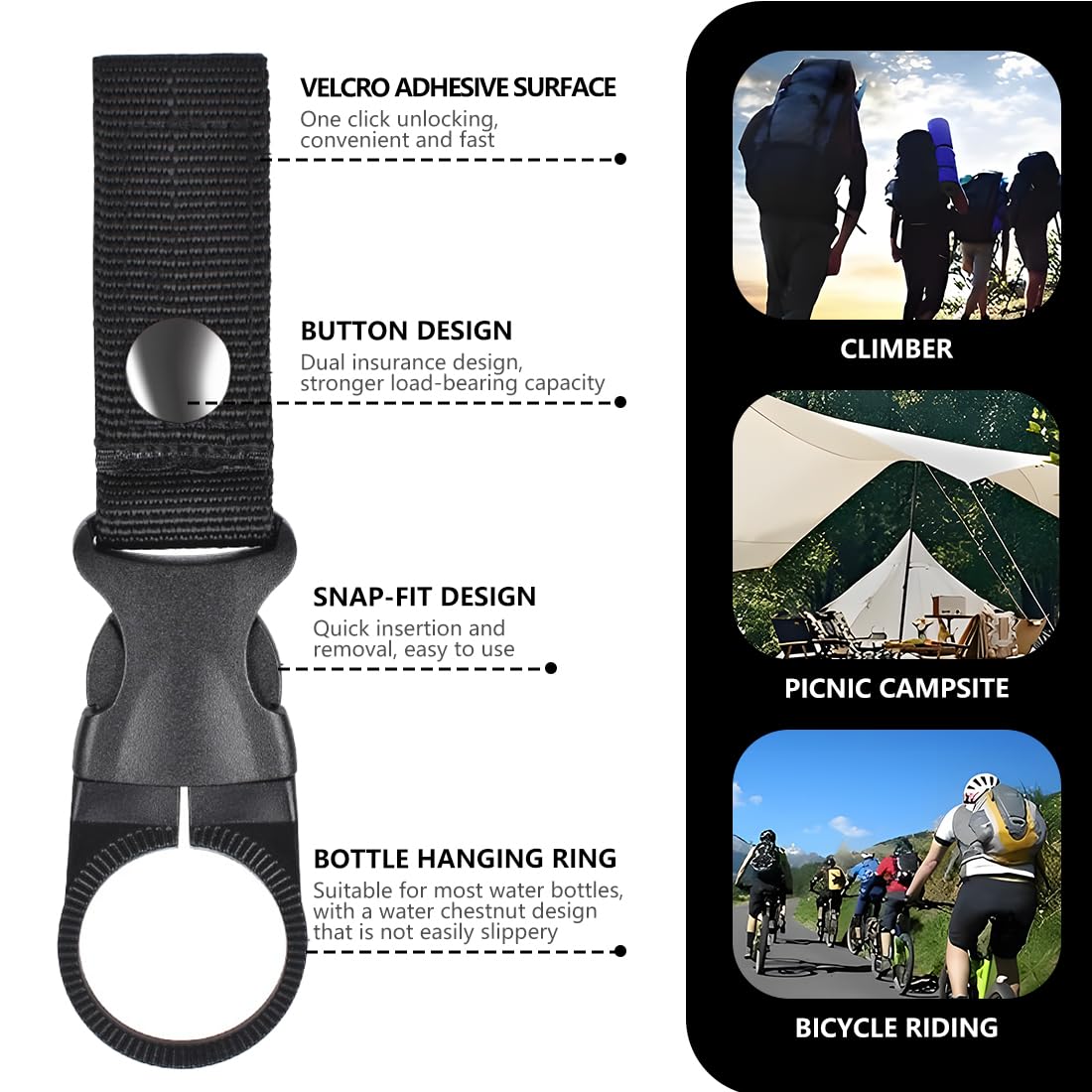 WeddHuis Set 2 Pezzi Porta Borraccia, Clip in Nylon per Cintura e Tasche, Ganci per Bottiglie d'Acqua con Moschettone, Accessorio Outdoor per Escursioni e Viaggi (Nero, Khaki)