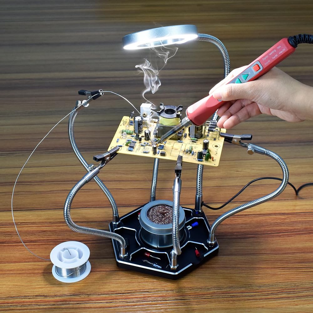 Geevorks Troisième Main Soudure, Troisième 3eme Main avec 6 Bras Flexibles Réglables, Loupe 3X LED pour Réparation Électronique, Modélisme et Loisirs Créatifs