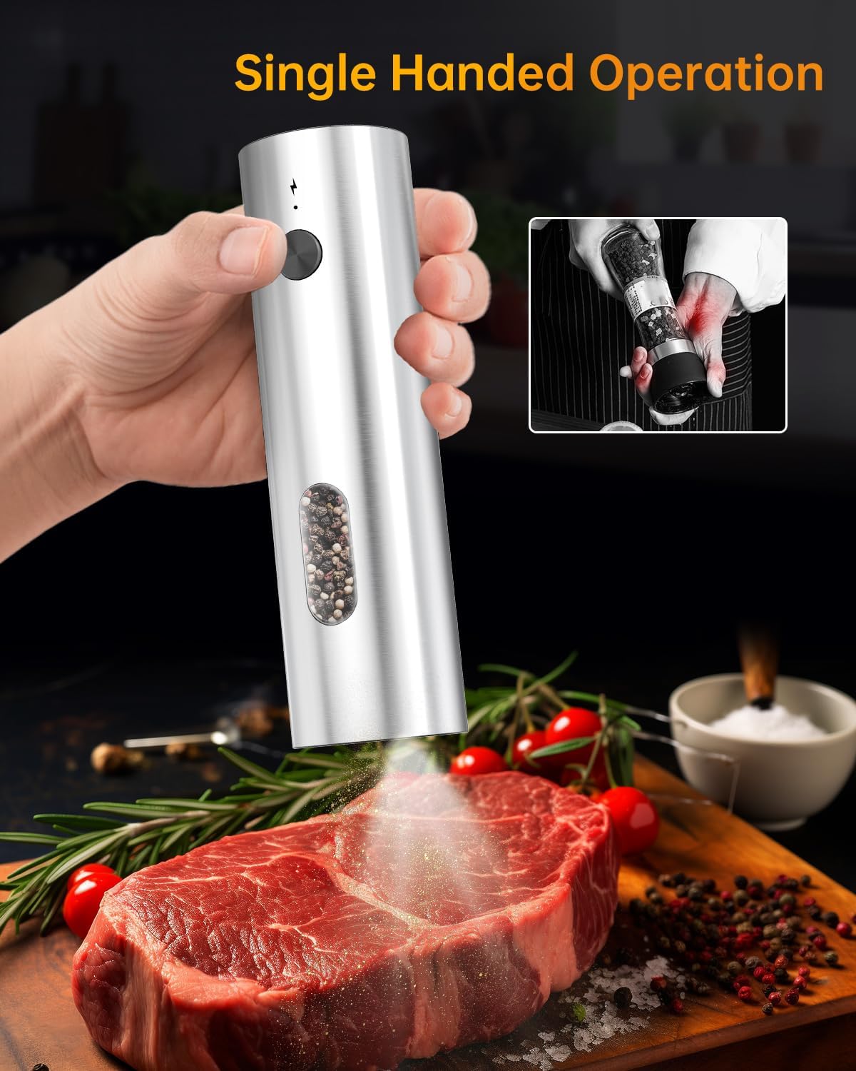 Person using the CIRCLE JOY electric grinder with one hand over a piece of meat