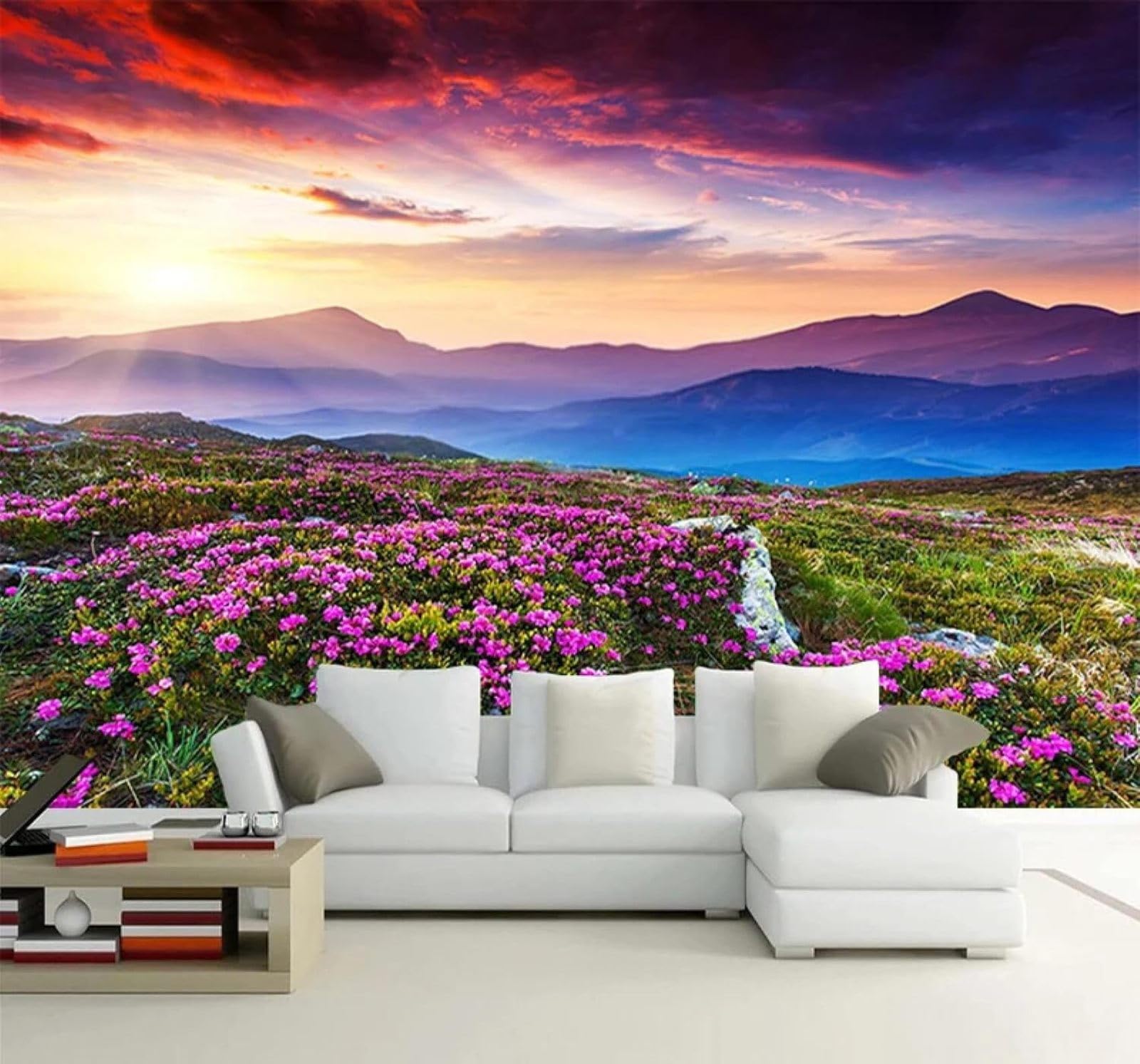 Tzxztt Picturesque Mountains Seas of Flowers Sunrises Landscapes Modern 3D Wallpaper Premium Textured Silk Neutral Tones Material Ideal for Living Room Bedroom-150cm×105cm