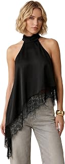 SweatyRocks Women's Lace Asymmetrical Halter Top Flowy Satin Going Out Tops