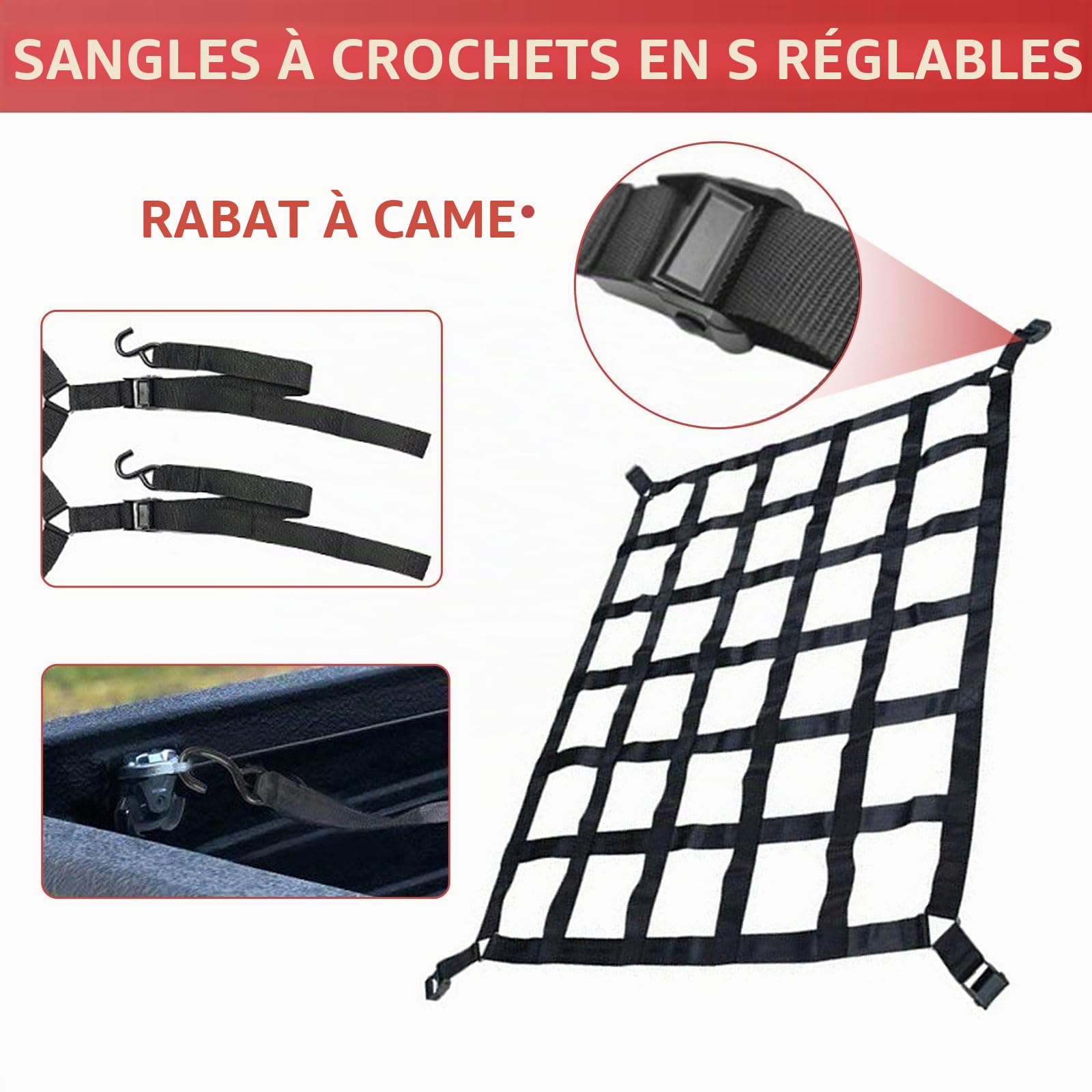 Filet de Rangement Voiture 127 x 106 cm Filet Toit/Ensemble de Clôture Arrière de Camion, Filet de Chargement Réglable, Filet de Levage de Ceinture de Sécurité, Filet de Remorque Lourd