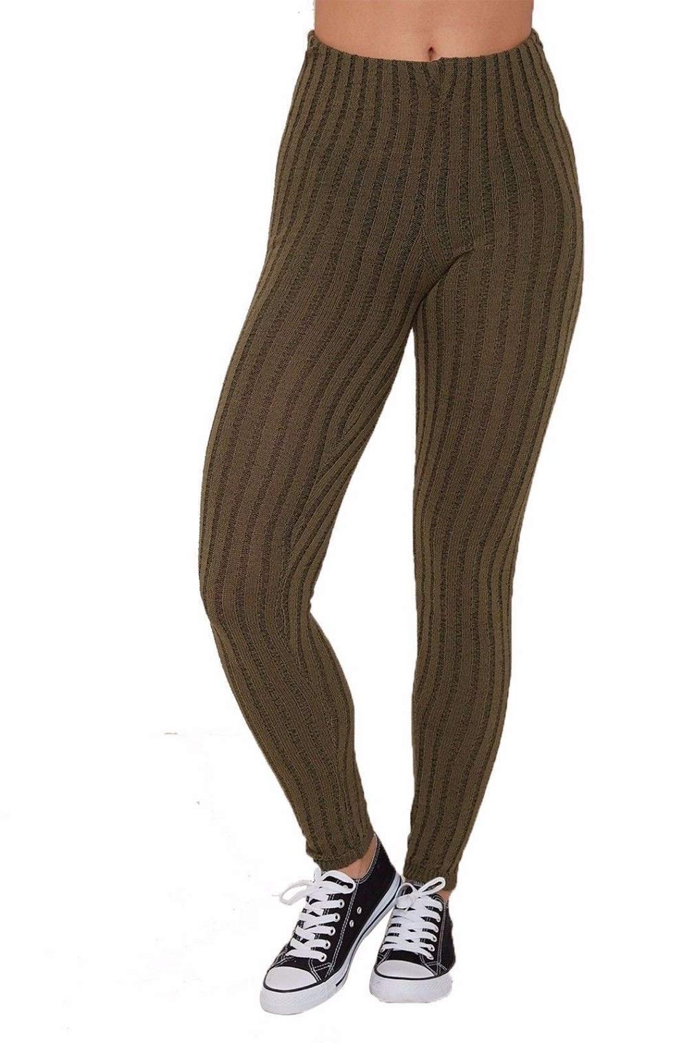 METLUQ M0D4 Womens Leggings Ribbed Cable Thick Chunky Knitted Warm Plain Full Legging UK (Khaki, UK 16)