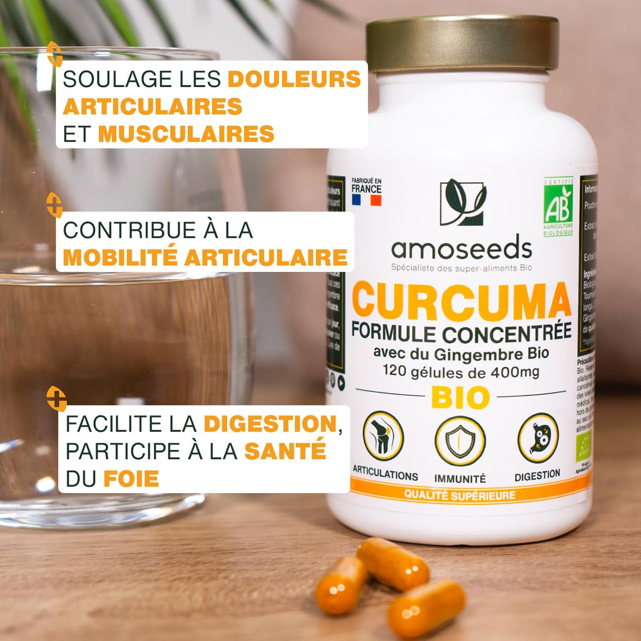 Curcuma BIO Haute Concentration | Avec Gingembre Bio | Curcumine Haute Absorption | Sans Pipérine | Articulations | 120 Gélules | Qualité Supérieure