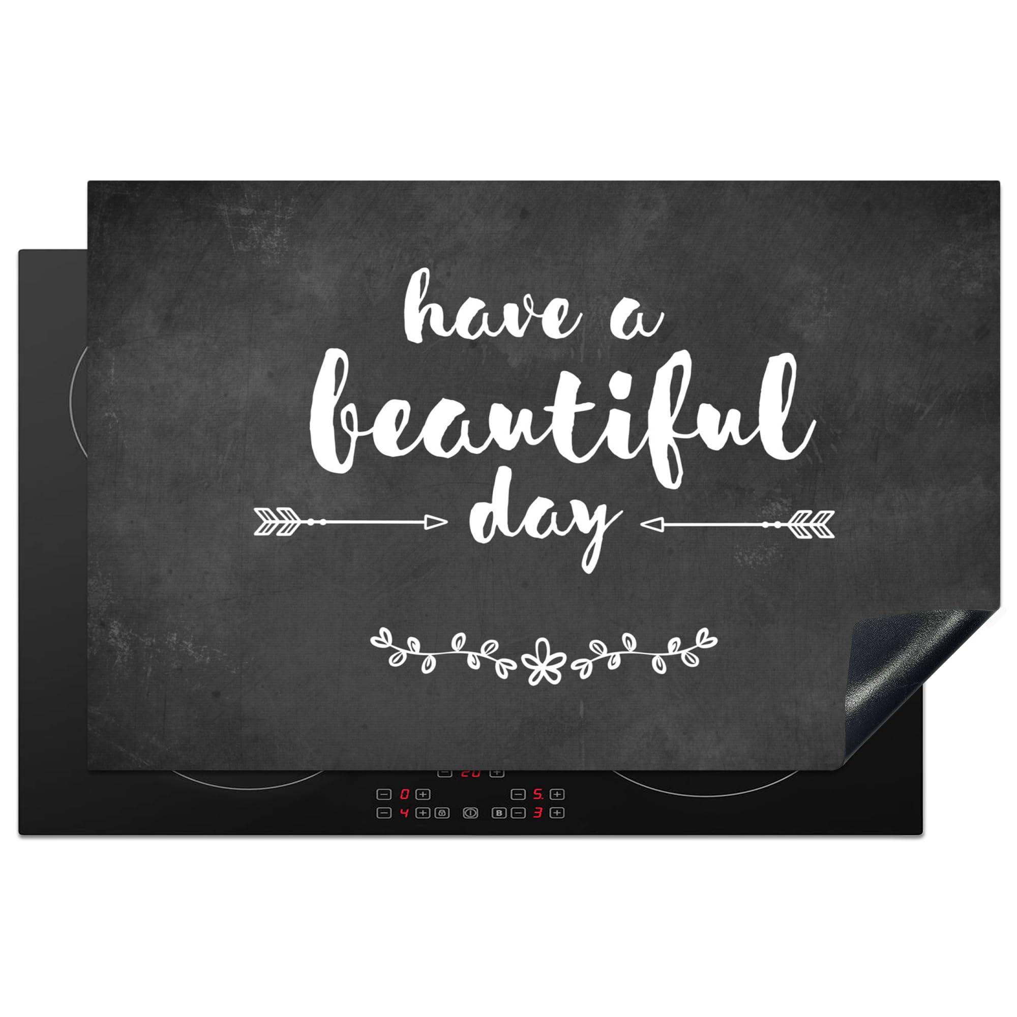 KitchenYeah© Herdabdeckplatte Einteilig Küche Herdabdeckung Induktionsfeld Ceranfeld Herdabdeckplatten Vinyl Matte Aufrollbar Zitat - Einen schönen Tag - Grau - Weiß - Betondruck - 81.6x52.7 cm