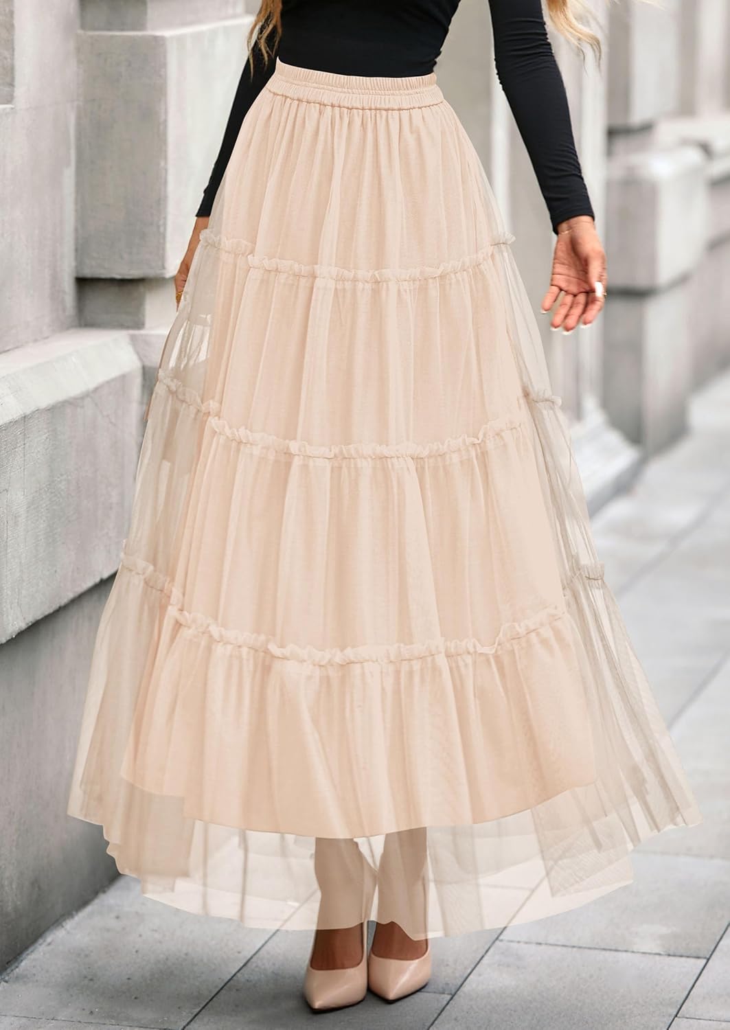 PRETTYGARDEN Tulle Skirts for Women 2026 Spring Fashion Elastic High Waisted Tiered Flowy Fairy A-Line Casual Maxi Long Skirt - Image 4