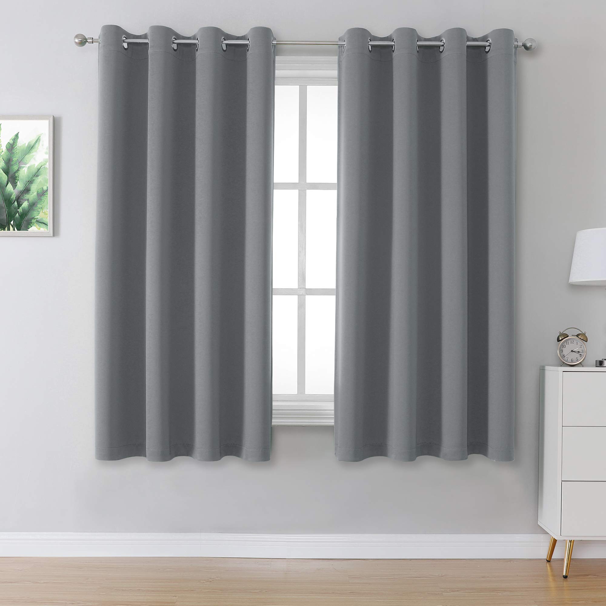 DUALIFE 54 Inch Length Medium Grey Bedroom Blackout Curtains Small Window Treatment Thermal Insulated Ring Top Blackout Window Curtains/Drapes?W52 x L54 inch Length, I Pair?