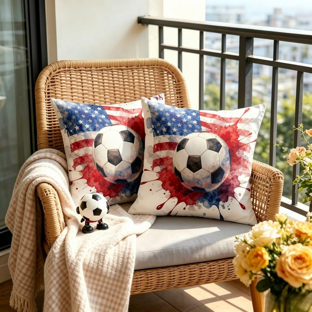 Women's American Flag Soccer Throw Pillow Cover, Linen Cushion Cover-18X18