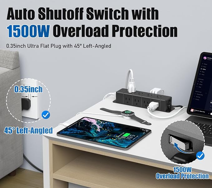 Regleta con interruptor 12 tomas y 4 USB 40W 6ft negra miniatura 4