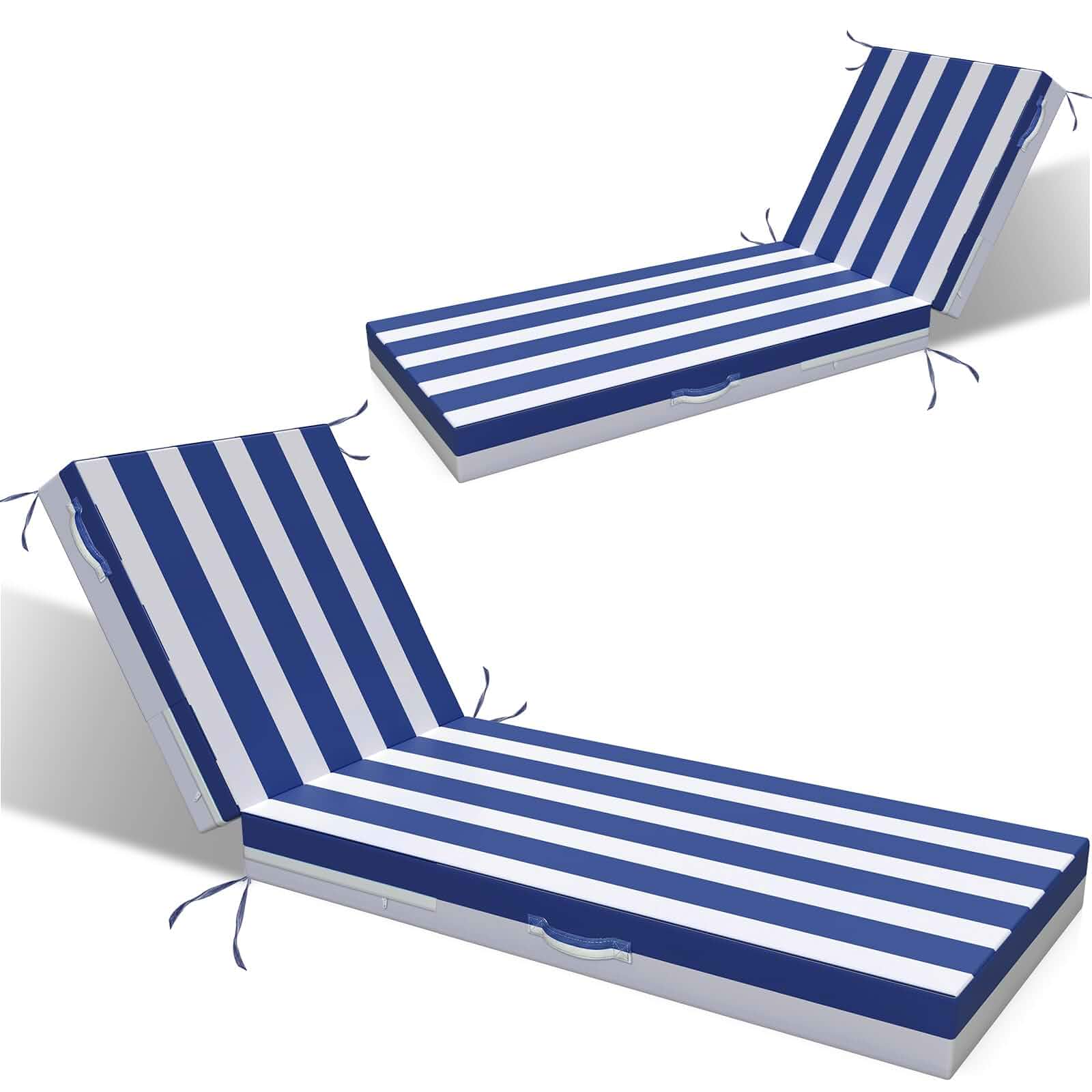 L'AGRATY Chaise Lounge Chair Waterproof Cushion Set of 2 Outdoor for Pool 72x21x3 Inch Patio Cushion for Balcony, Fade-Resistant Pads with Removable Cover, Ties and Hidden Zipper(Navyblue White)