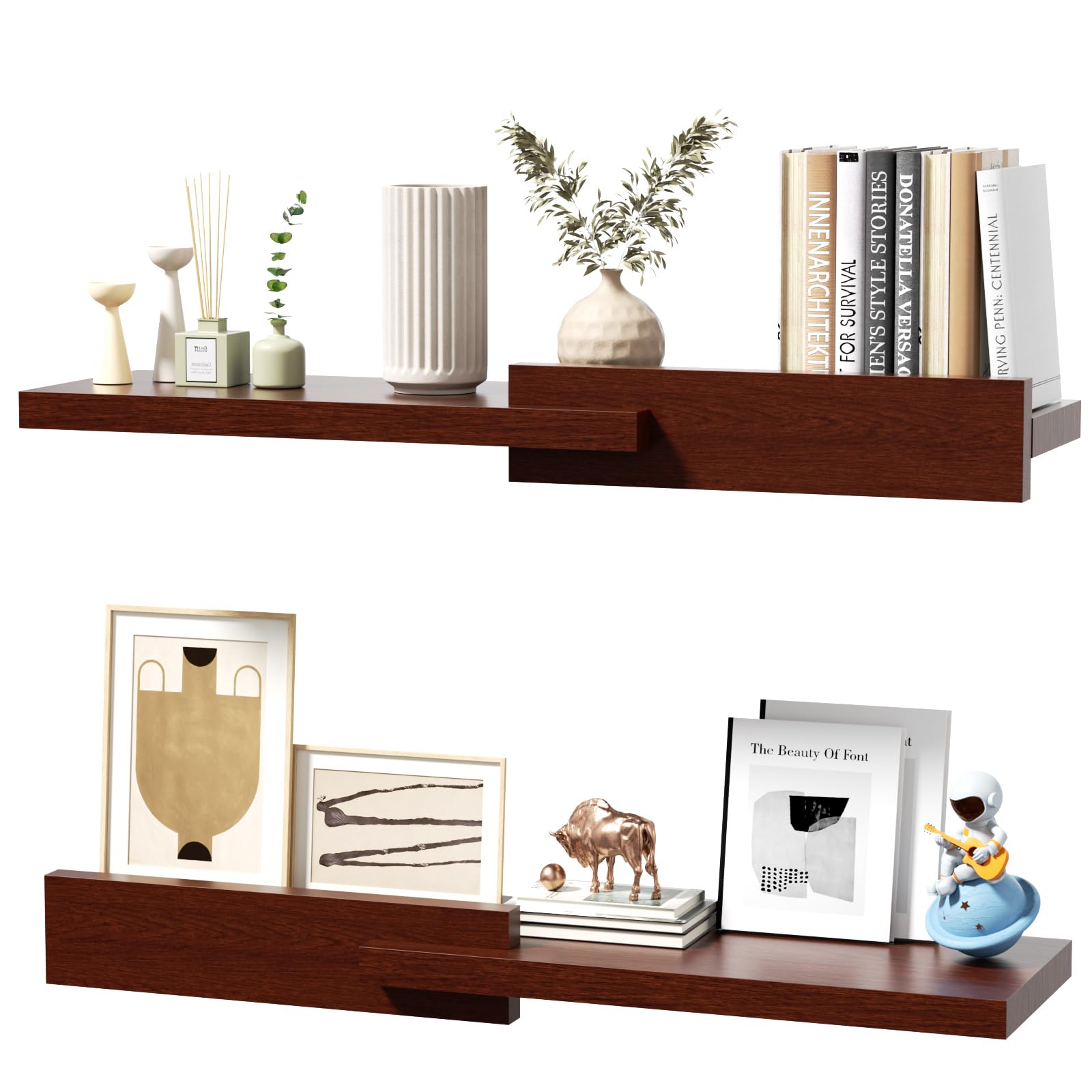 Floating Shelves for Wall, Set of 2 Rustic Wood 24 Inches Wall Mounted Shelves for Bathroom?Bedroom, Living Room &Kitchen, Heavy Duty Display Picture Ledge Shelf for Home Decor Storage Brown